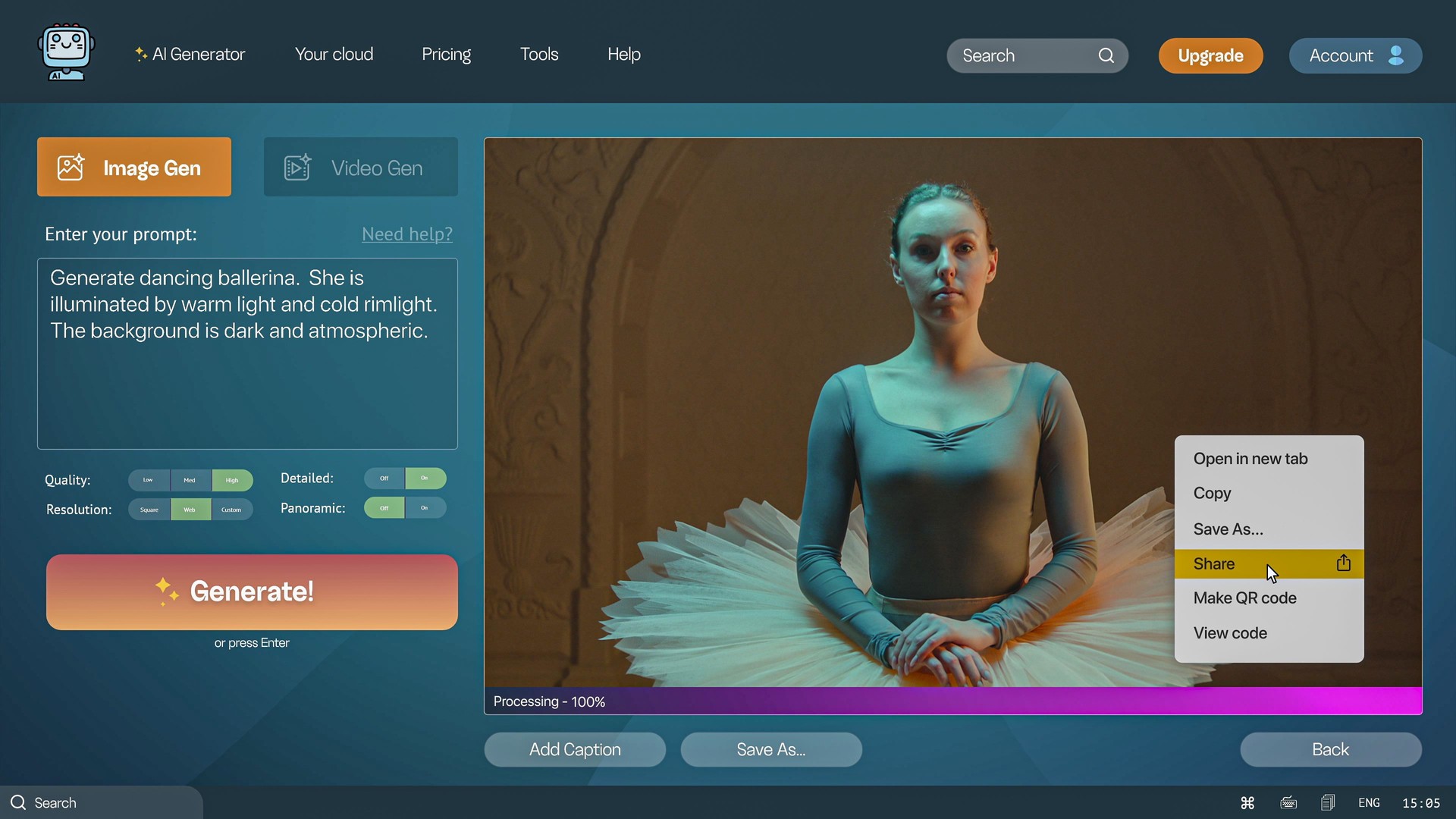 AI chatbot generate detailed high-quality video of elegant dancing ballerina